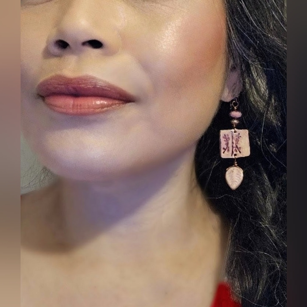 Handcrafted Romantic Rustic Pink Flowers In Clay & Glass In Copper Earrings - Picture 10 of 10